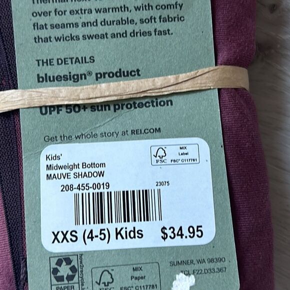 REI Co-op Midweight Base Layer Bottoms - Kids Mauve‎ Shadow XXS (4-5) Nwt - Picture 6 of 7